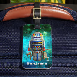 Cool fun retro toy robot in galaxy add your name luggage tag