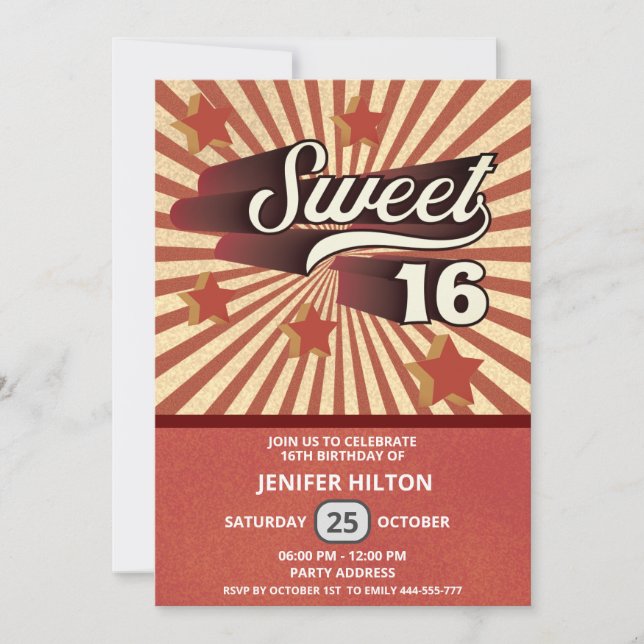 Cool fun retro typography sweet 16 invitation (Front)