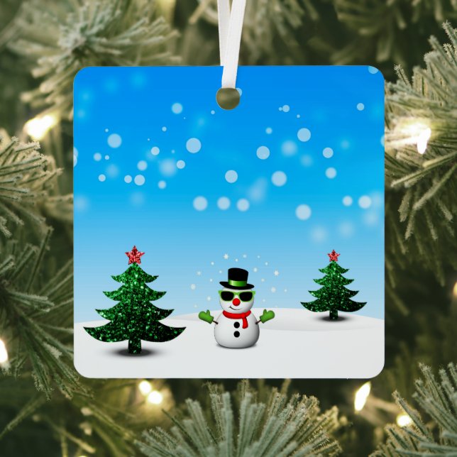 Cool fun Snowman Sparkly Christmas Trees blue Metal Ornament (Insitu)