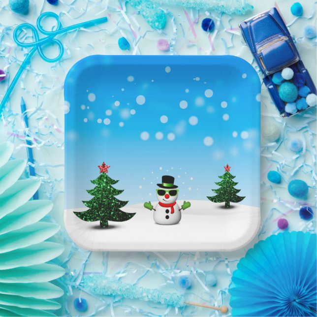 Cool fun Snowman Sparkly Christmas Trees blue Paper Plates (Party)