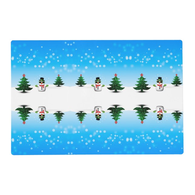 Cool fun Snowman Sparkly Christmas Trees blue Placemat (Front)