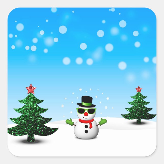 Cool fun Snowman Sparkly Christmas Trees blue Square Sticker (Front)