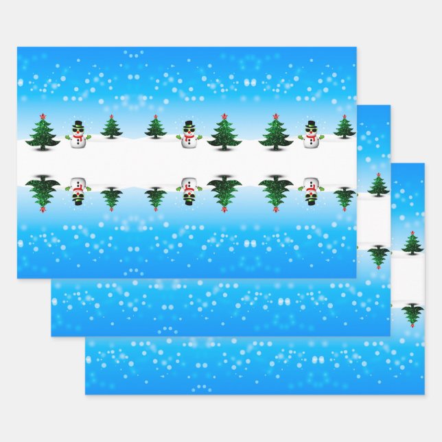 Cool fun Snowman Sparkly Christmas Trees blue Wrapping Paper Sheets (Set)