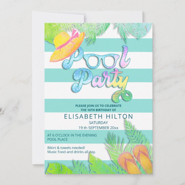 Cool fun summer script pool party birthday  invitation (Front)