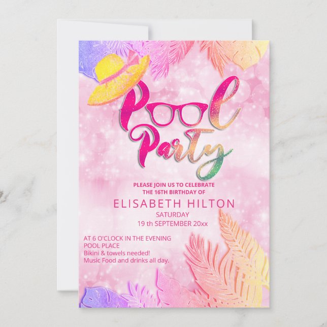 Cool fun summer script pool party birthday  invitation (Front)