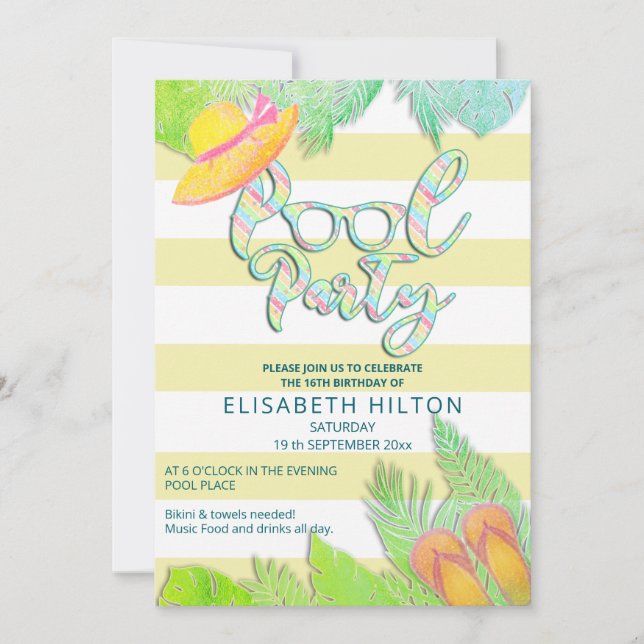 Cool fun summer script pool party birthday  invitation (Front)