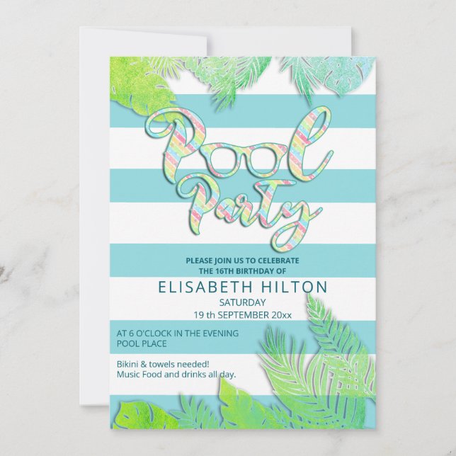 Cool fun summer script pool party birthday  invitation (Front)