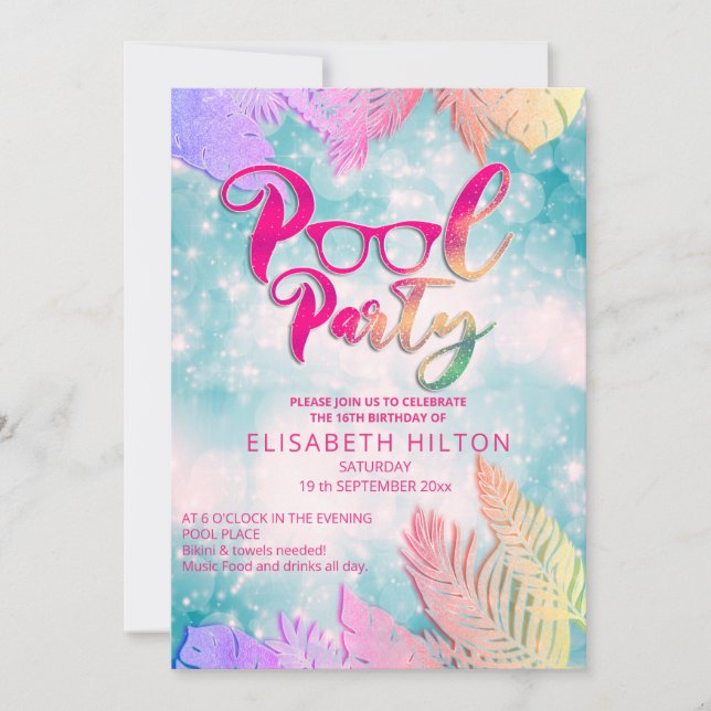 Cool fun summer script pool party birthday  invitation (Front)
