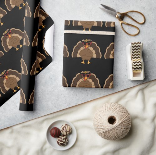 Cool Fun Turkey Thanksgiving pattern on black Wrapping Paper