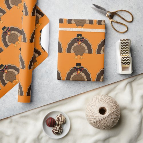 Cool Fun Turkey Thanksgiving pattern on orange Wrapping Paper