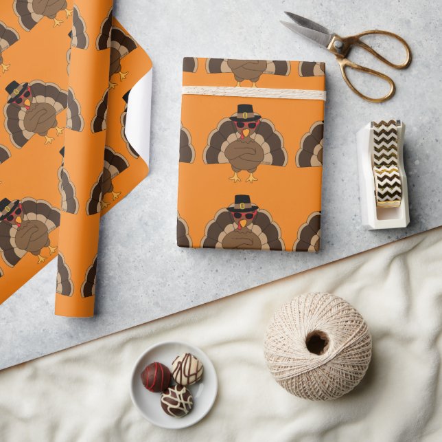 Cool Fun Turkey Thanksgiving pattern on orange Wrapping Paper (Crafts)