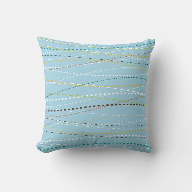Cool Fun Wavy Dotted Dashed Lines Across Baby Blue Throw Pillow (Front)