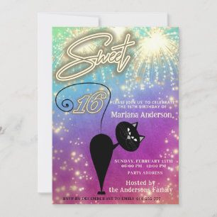 Cool fun whimsy cat balloon sparkle fireworks invitation