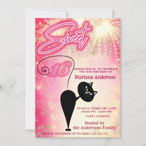 Cool fun whimsy cat balloon sparkle fireworks  invitation