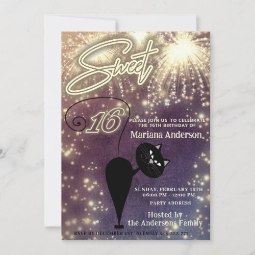 Cool fun whimsy cat balloon sparkle fireworks  invitation