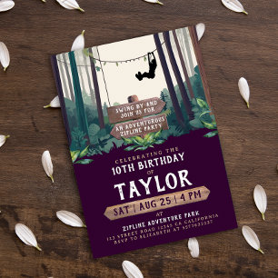 Cool Fun Zipline Forest Purple Birthday Adventure  Invitation
