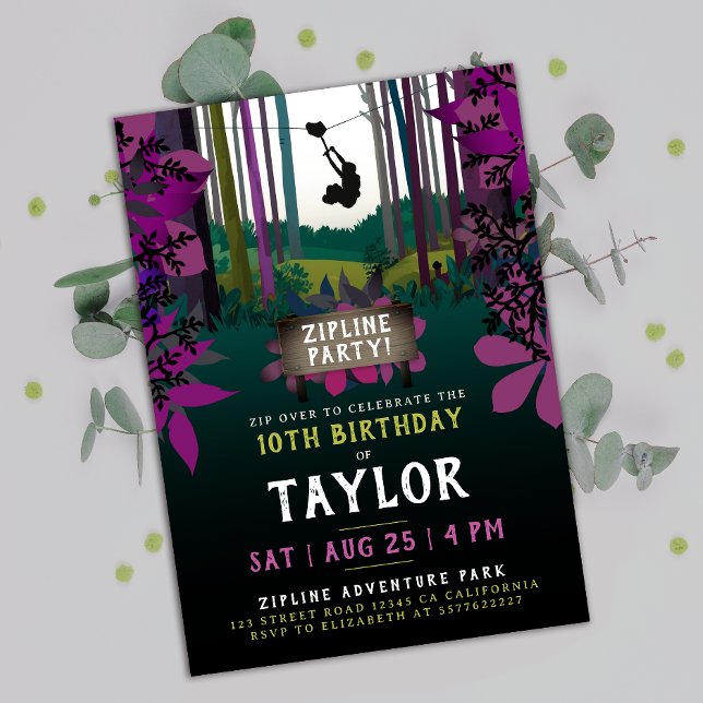 Cool Fun Zipline Purple Forest Birthday Adventure Invitation (Creator Uploaded)