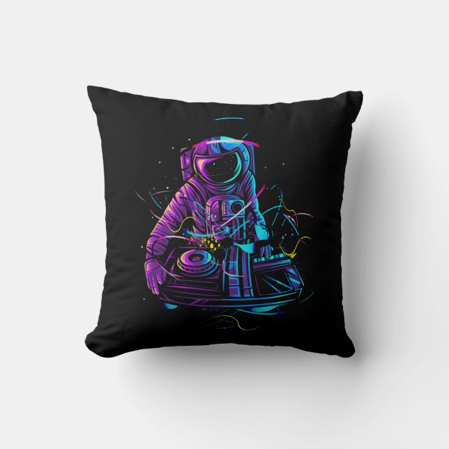 Cool Funky Astronaut Dj Playing Turntables In Spac Throw Pillow (Front)