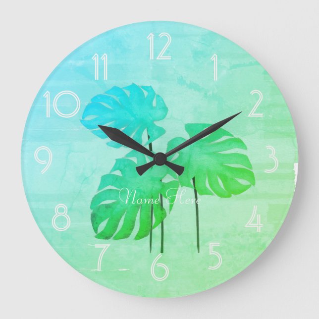 Cool Funky Bright Tropical Leaf  Add Name Clock (Front)