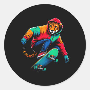 Cool Funky Cheetah Skateboarding Illustration Art  Classic Round Sticker