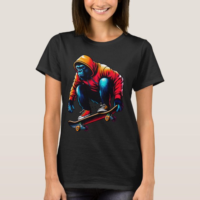 Cool Funky Gorilla Skateboarding Illustration Art T-Shirt (Front)
