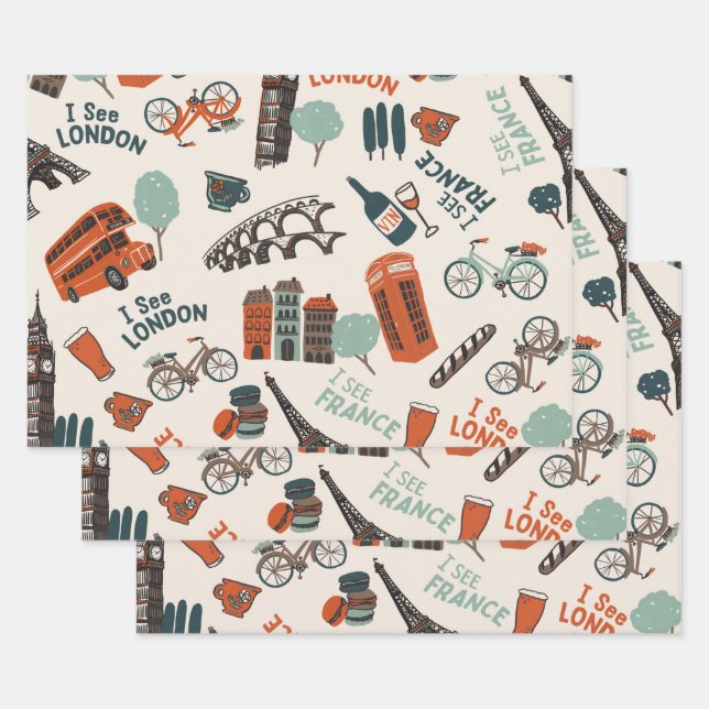 Cool & Funky "I See London, I See France" Pattern Wrapping Paper Sheets (Set)