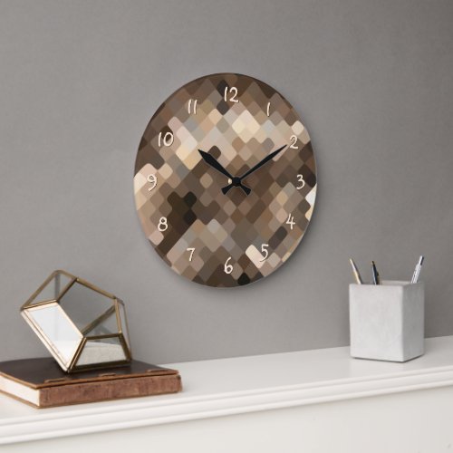 Cool Funky Taupe Beige Brown Mosaic Art Pattern Large Clock