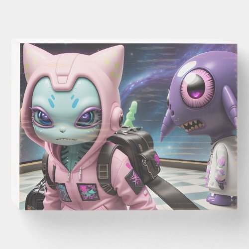 Cool funny alien monster cat in space wooden box sign