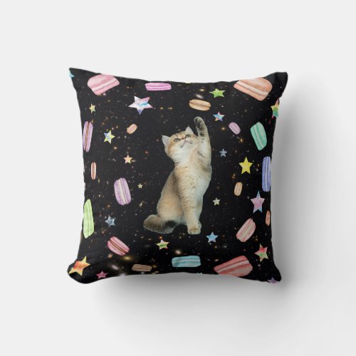 Cool Funny Cat in Space With Macaroon Cookies Throw Pillow
