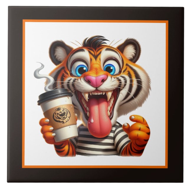 Cool funny coffee tiger ceramic tile (Front)