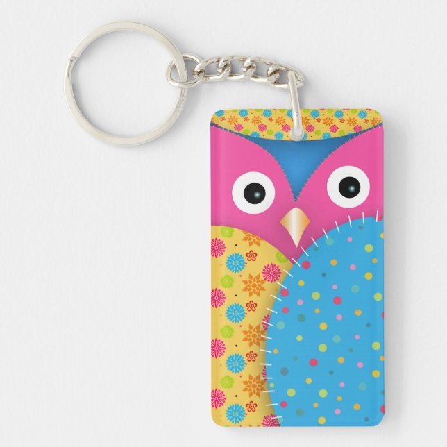 Cool funny cute trendy owl floral polka dots keychain (Front)