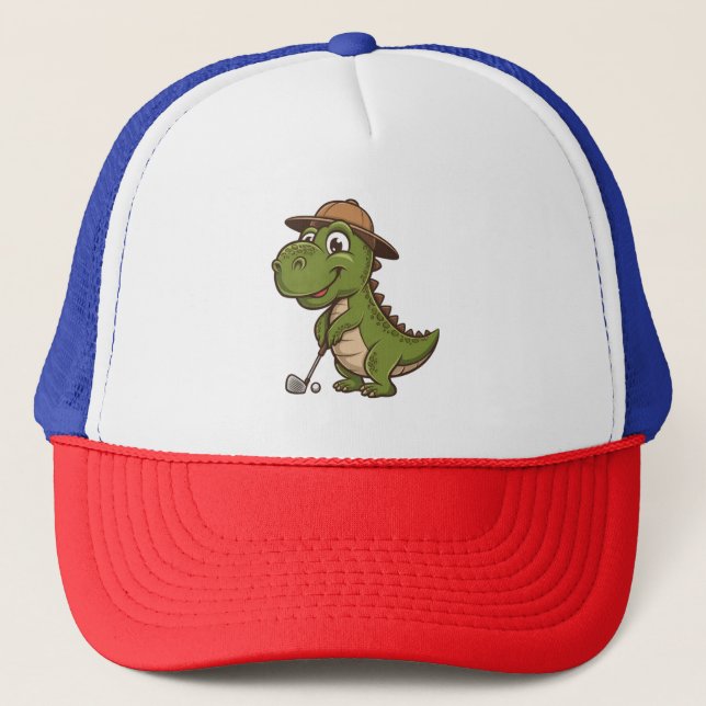 Cool Funny Green Dino Playing Golf T-Rex Lover  Trucker Hat (Front)