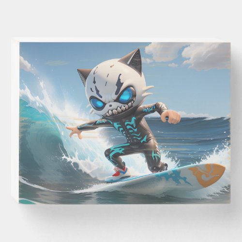 Cool funny monster cat surfing in summer wooden box sign