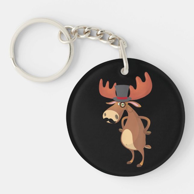 Cool Funny Moose Hat Mustache Animal Lover Keychain (Front)