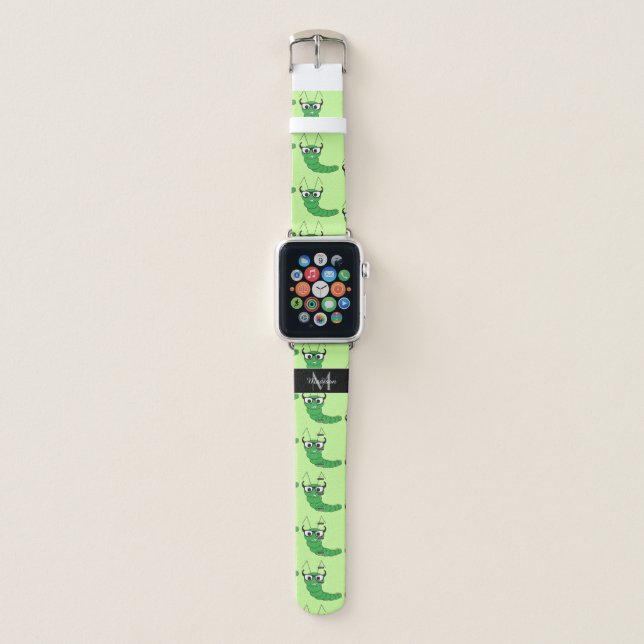 Cool funny nerdy caterpillar pattern Monogram Apple Watch Band (Front)