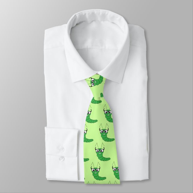 Cool funny nerdy caterpillar with glasses pattern neck tie (Tied)