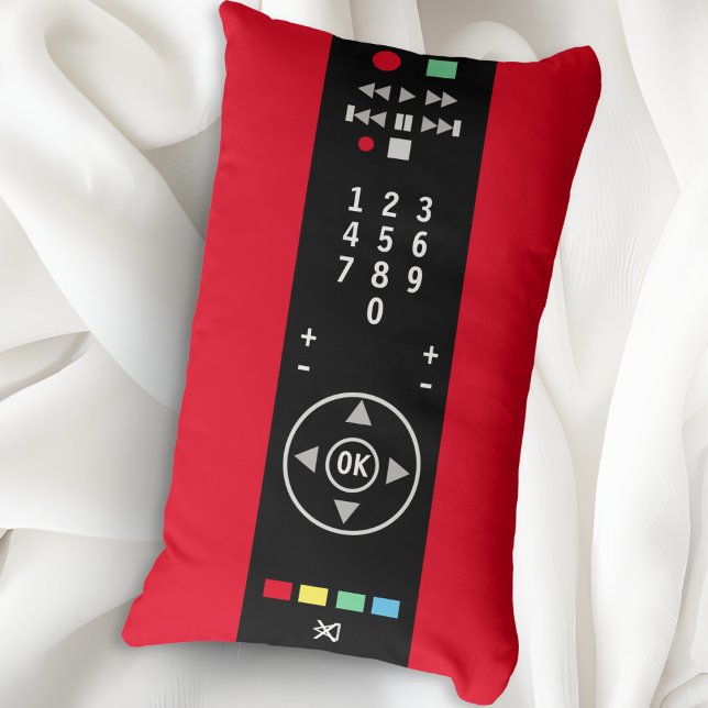 Cool Funny Novelty Red and Black TV Remote Control Lumbar Pillow (A funny novelty lumbar pillow in red and black, with remote control design, ideal for tech lovers)