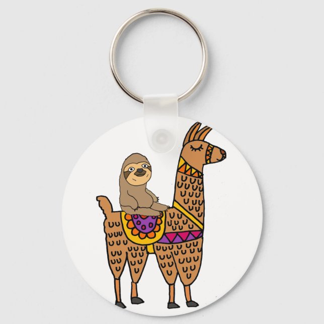 Cool Funny Sloth Riding Llama Keychain (Front)