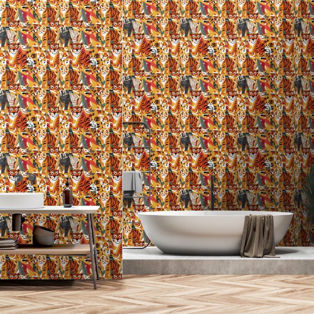 Cool Funny Tiger Jungle Cats Abstract Art Wallpaper (Bathroom)