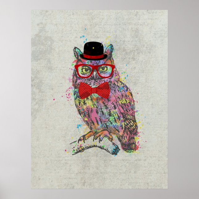 Cool funny trendy colorful watercolours owl poster (Front)
