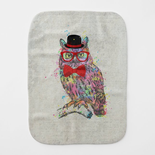 Cool funny trendy colourful watercolours owl baby burp cloth (Front)