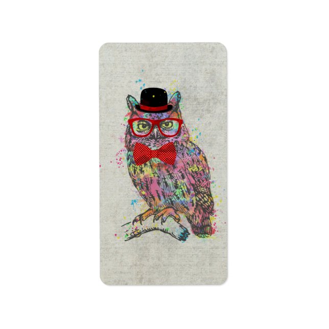 Cool funny trendy colourful watercolours owl label (Front)