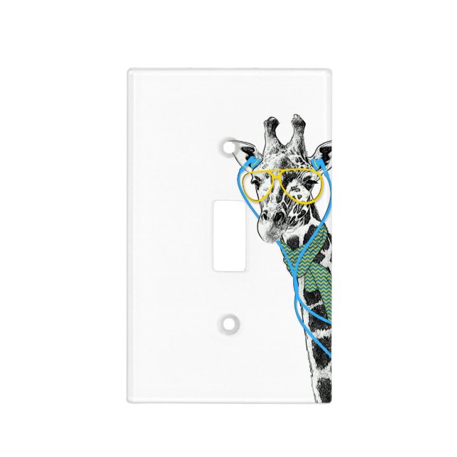 Cool funny trendy giraffe with glasses, earphones light switch cover (Front)