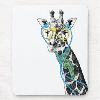 Cool funny trendy giraffe with glasses, earphones mouse pad