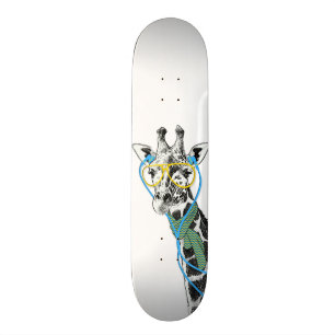 Cool funny trendy giraffe with glasses, earphones skateboard deck