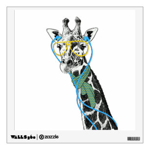 Cool funny trendy giraffe with glasses, earphones wall sticker
