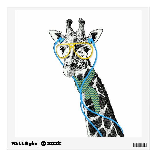 Cool funny trendy giraffe with glasses, earphones wall sticker (Front)