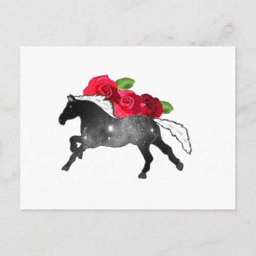 Cool Galazy Horse Black  White Nebula with Roses Postcard
