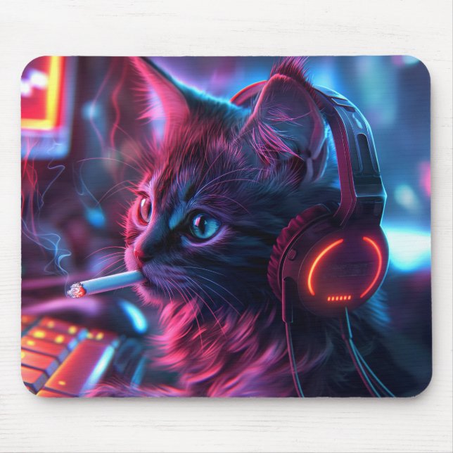 Cool Gamer Cat Smoking Funny Mouse Pad (Front)