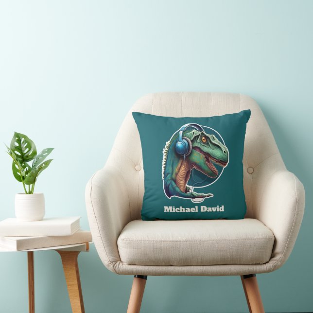 Cool Gamer dinosaur add name  Throw Pillow (Chair)